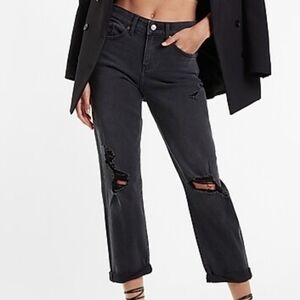 Express Black Mid Rise Black Ripped Distressed Rolled Hem Boyfriend Jeans Size 2